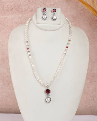 rhodium finish pearl necklace set with ruby crystal drop pendant 1
