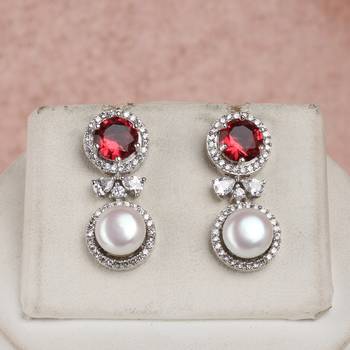 rhodium finish pearl necklace set with ruby crystal drop pendant 2