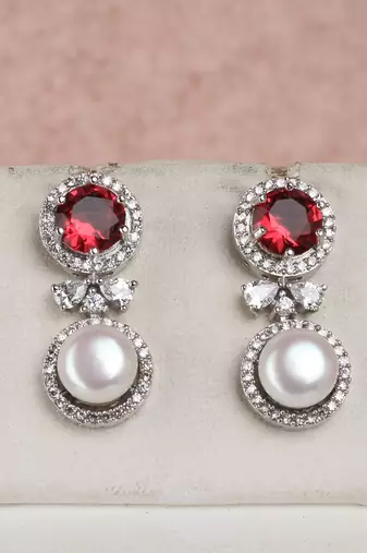 rhodium finish pearl necklace set with ruby crystal drop pendant