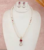 ruby red accent pearl necklace set with dual drop pendant design