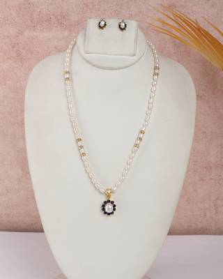 pearl necklace set with navy stone floral drop pendant 1