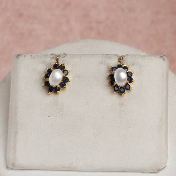 pearl necklace set with navy stone floral drop pendant 2