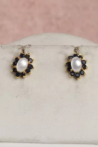 pearl necklace set with navy stone floral drop pendant