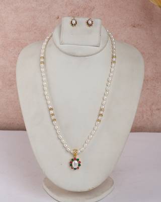pearl necklace set with pink & green stone floral pendant 1