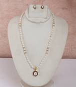 pearl necklace set with pink & green stone floral pendant
