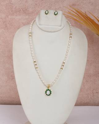 pearl necklace set with emerald green floral accent pendant 1