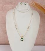 pearl necklace set with emerald green floral accent pendant