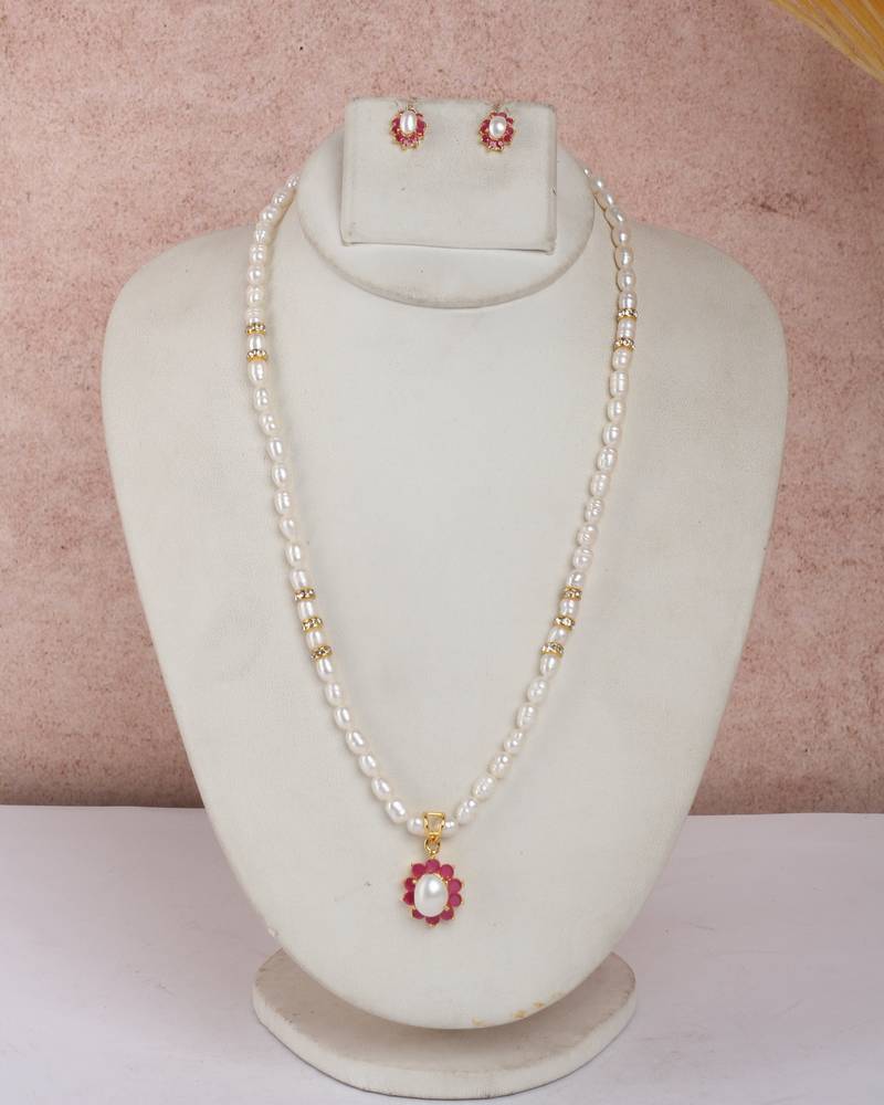 delicate pearl necklace set with blush pink floral pendant