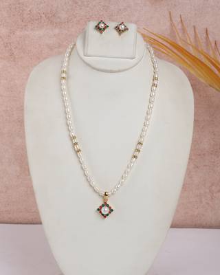 pearl necklace set with multicolor stone detailing & rhodium finish 1