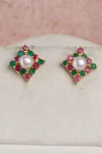 pearl necklace set with multicolor stone detailing & rhodium finish