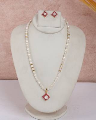 pearl necklace set with pink stone floral pendant design 1