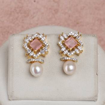 pearl necklace set with blush pink square stone pendant 2