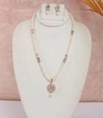 pearl necklace set with soft pink stone teardrop pendant