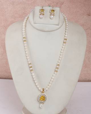 elegant pearl necklace set with yellow stone drop pendant 1