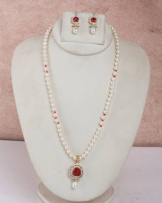 pearl necklace set with red stone teardrop pendant 1
