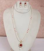 pearl necklace set with red stone teardrop pendant