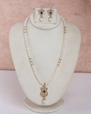 classic pearl necklace set with dark blue stone pendant accent 1