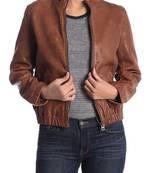 Women's lambskin leather jacket brown leather stand collar jacket
