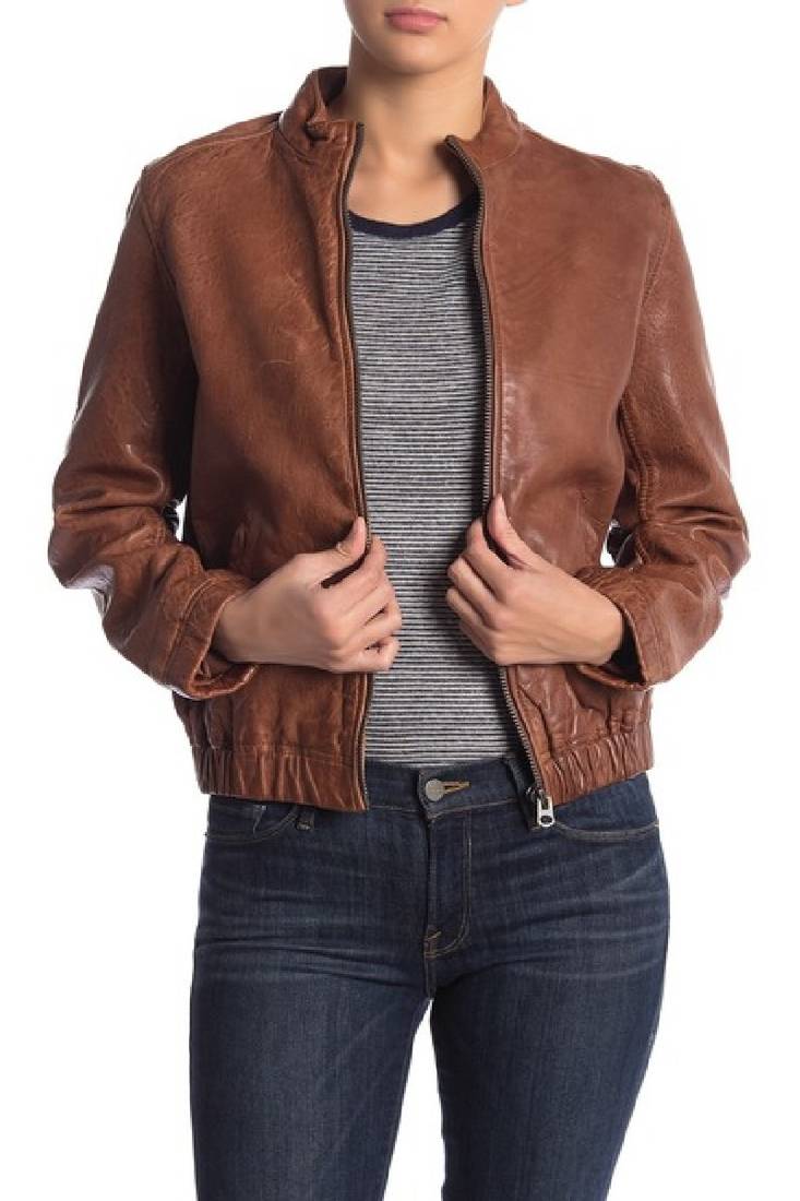 Women's lambskin leather jacket brown leather stand collar jacket