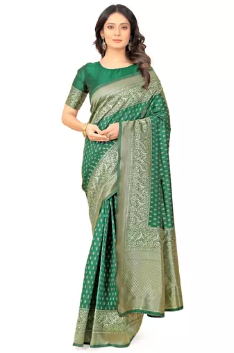 Green soft silk blend banarasi jacuard work designer party wear saree with unstitched blouse piece