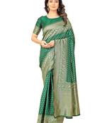 Green soft silk blend banarasi jacuard work designer party wear saree with unstitched blouse piece