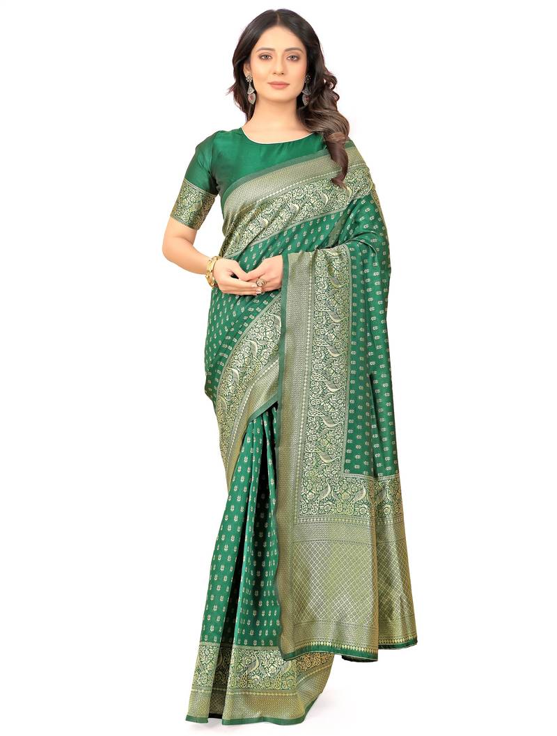 Green soft silk blend banarasi jacuard work designer party wear saree with unstitched blouse piece