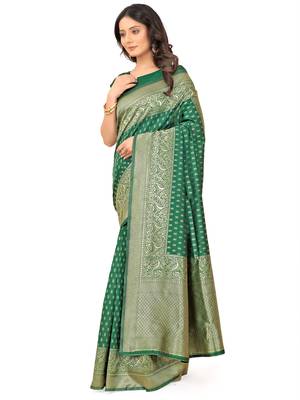 Green silk blend banarasi saree with unstitched blouse piece 2