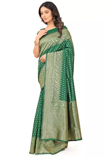 Green silk blend banarasi saree with unstitched blouse piece