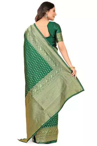 Green silk blend banarasi saree with unstitched blouse piece
