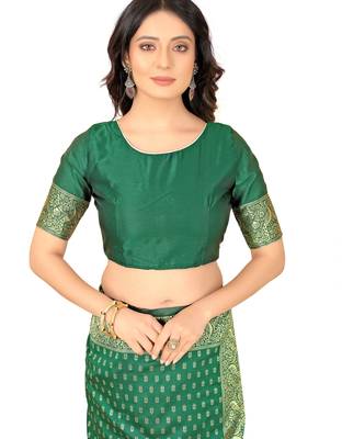 Green silk blend banarasi saree with unstitched blouse piece 4