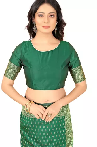 Green silk blend banarasi saree with unstitched blouse piece