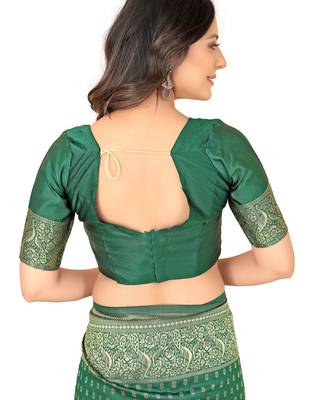 Green silk blend banarasi saree with unstitched blouse piece 5