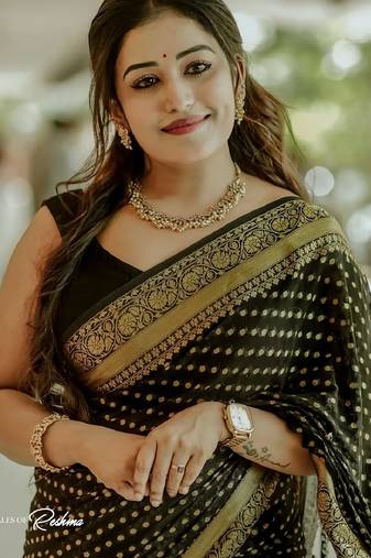 Black soft silk blend banarasi jacuard work designer party wear saree with unstitched blouse piece