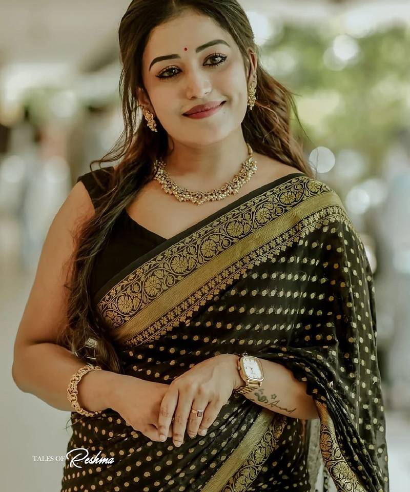 Black soft silk blend banarasi jacuard work designer party wear saree with unstitched blouse piece