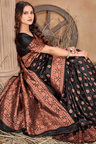 Black soft silk blend banarasi jacuard work designer party wear saree with unstitched blouse piece