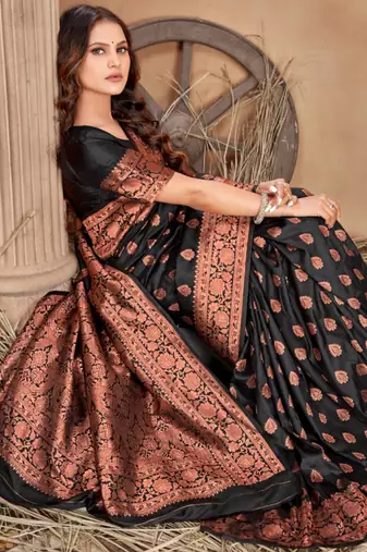 Black soft silk blend banarasi jacuard work designer party wear saree with unstitched blouse piece