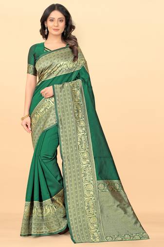 Green soft silk blend banarasi jacuard work designer party wear saree with unstitched blouse piece