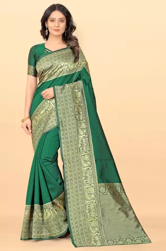 Green soft silk blend banarasi jacuard work designer party wear saree with unstitched blouse piece