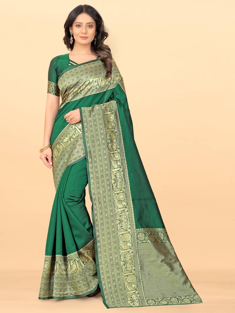 Green soft silk blend banarasi jacuard work designer party wear saree with unstitched blouse piece