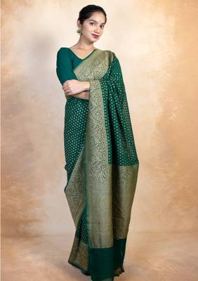 Green silk blend banarasi saree with unstitched blouse piece 1