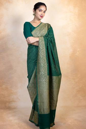 Green soft silk blend banarasi jacuard work designer party wear saree with unstitched blouse piece