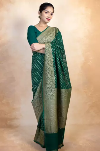 Green soft silk blend banarasi jacuard work designer party wear saree with unstitched blouse piece