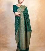 Green soft silk blend banarasi jacuard work designer party wear saree with unstitched blouse piece
