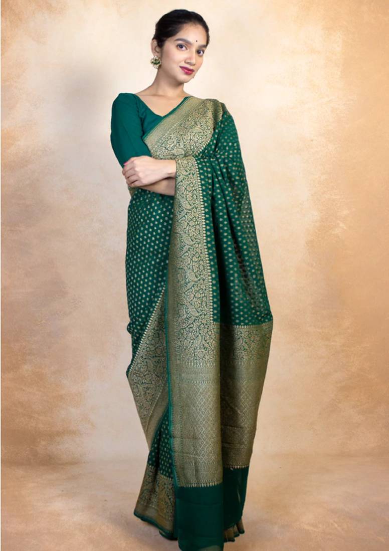 Green soft silk blend banarasi jacuard work designer party wear saree with unstitched blouse piece