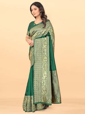 Green silk blend banarasi saree with unstitched blouse piece 2