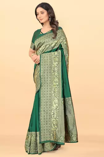 Green silk blend banarasi saree with unstitched blouse piece
