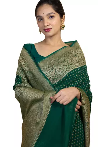 Green silk blend banarasi saree with unstitched blouse piece