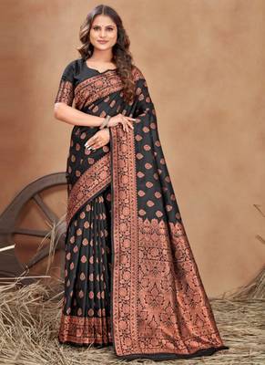 Black silk blend banarasi saree with unstitched blouse piece 1