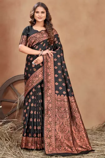 Black soft silk blend banarasi jacuard work designer party wear saree with unstitched blouse piece