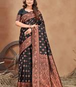 Black silk blend banarasi saree with unstitched blouse piece